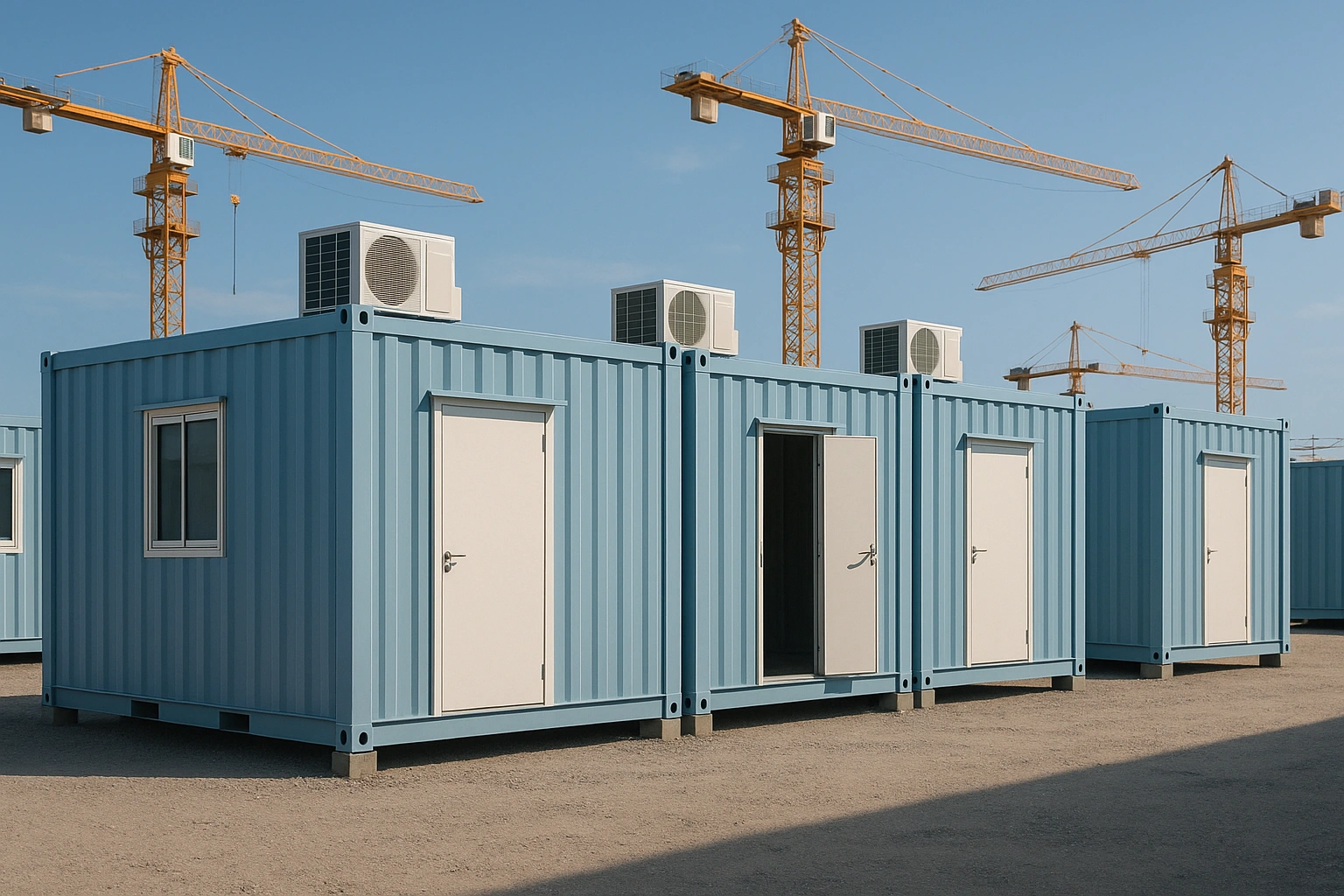 Completed site office installation with multiple porta cabins connected by walkways in a desert location