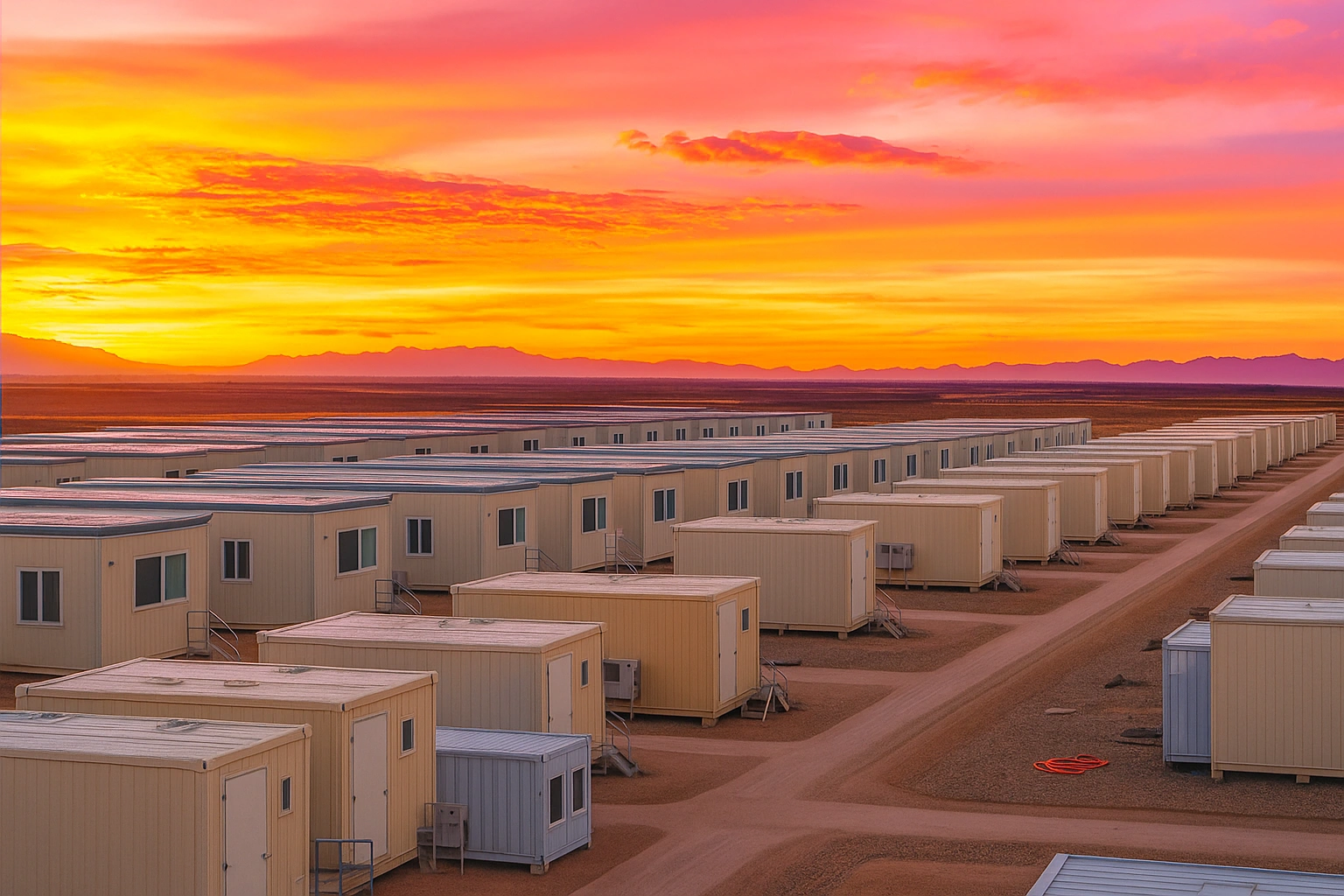 Worker accommodation complex with rows of modular housing units at an oil field project
