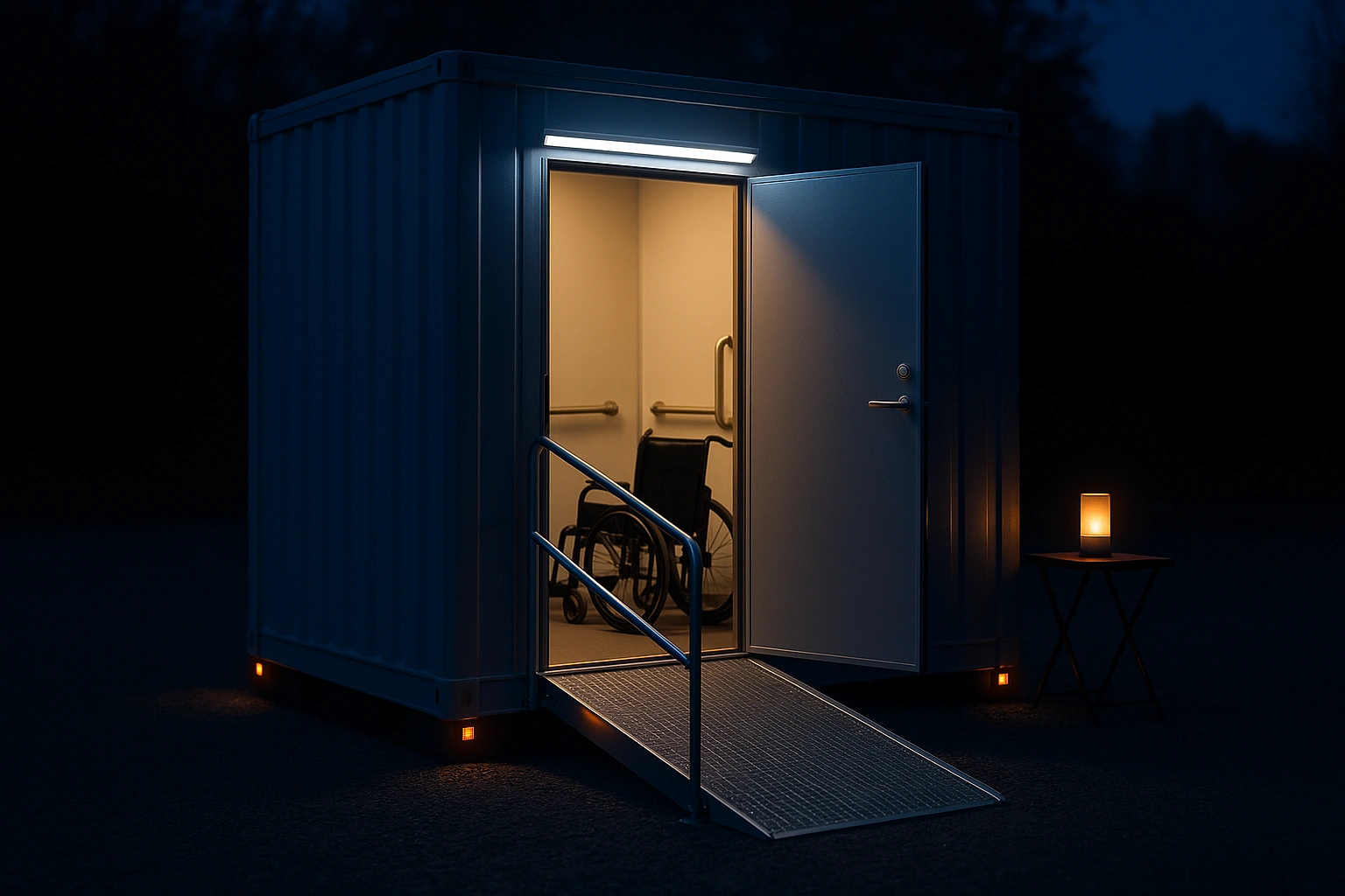 Mobile restroom facility with wheelchair access ramp and solar-powered lighting